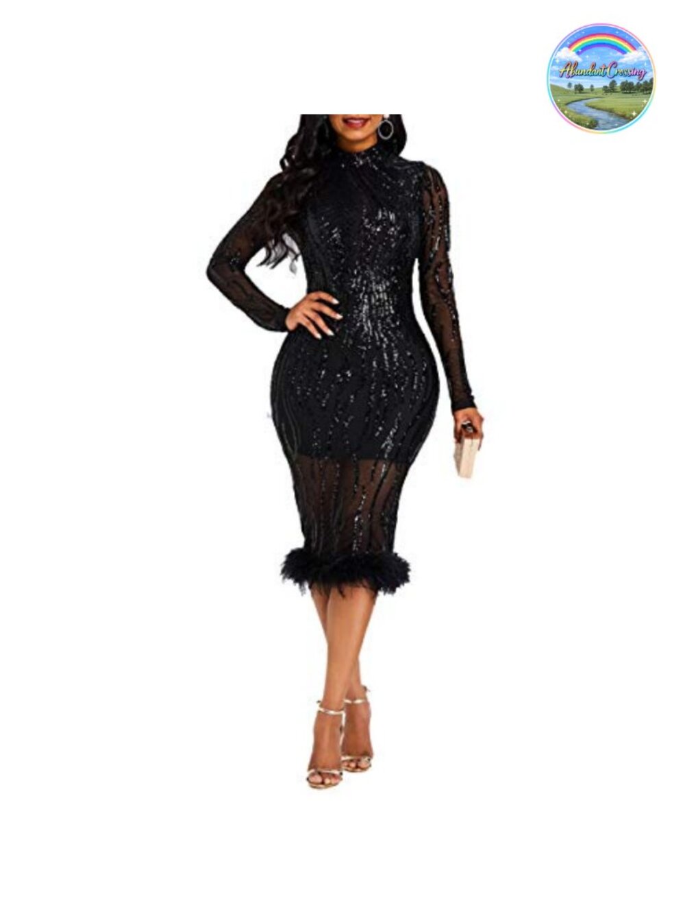 VERWIN Sequin Bodycon Maxi Dress Long Sleeve High Neck Elegant Party Dress
